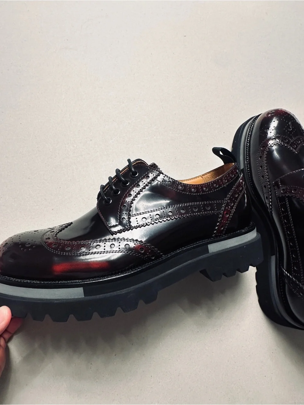 Men's Glossy Burgundy Wingtip Derby with Lug Sole